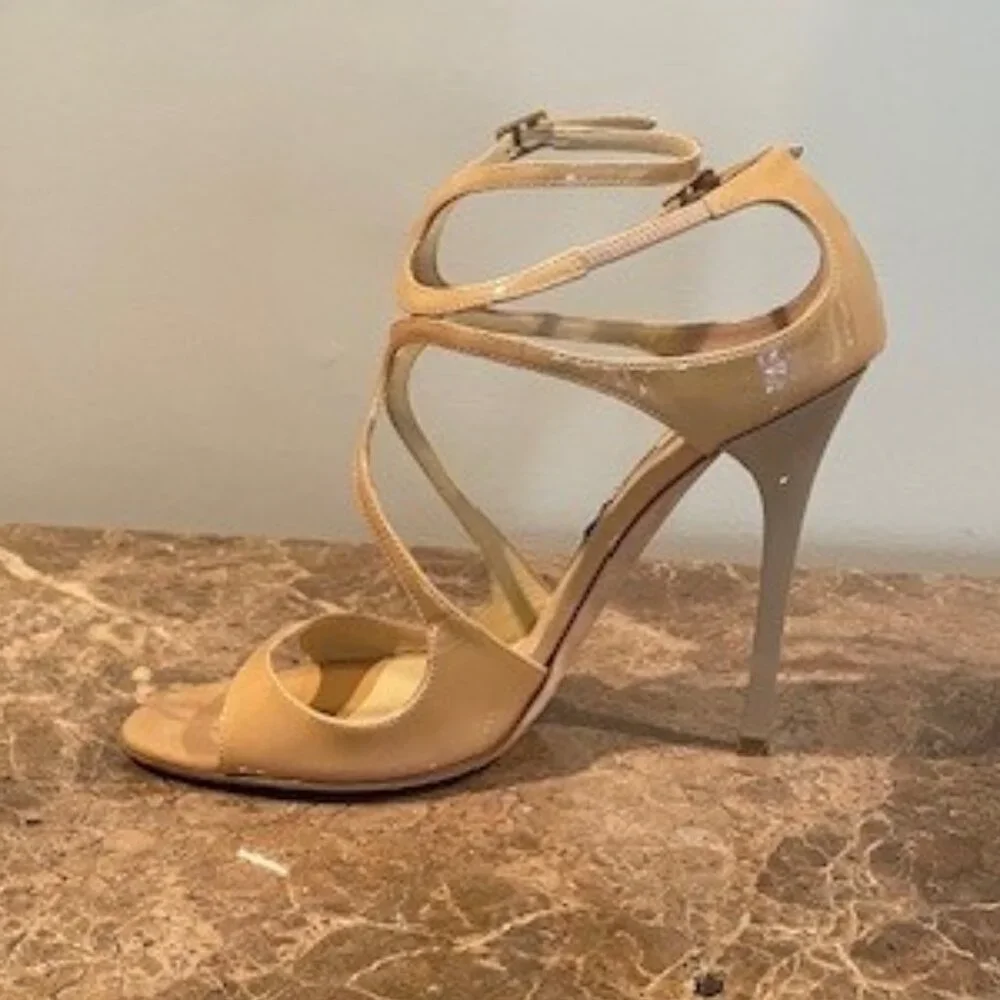 Jimmy Choo LANCE Nude Patent Leather Sandals – Sz 7.5